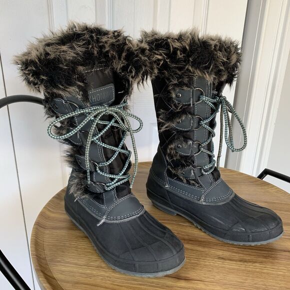 Women Lace Up Black Fur Trim Lined Winter Snow Boots Size 6 M Gray Khombu - Picture 12 of 16